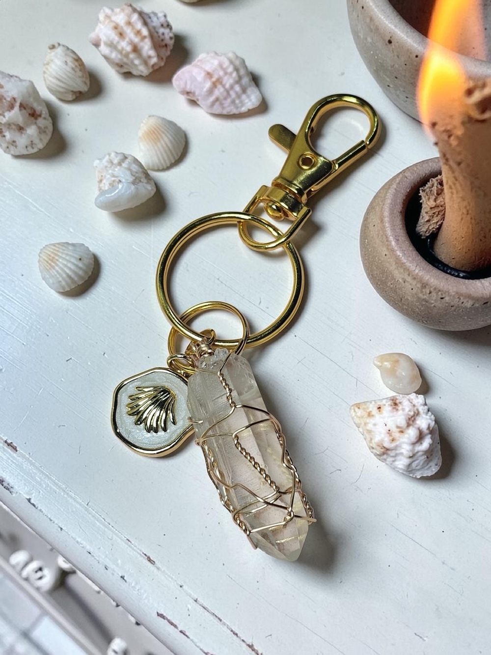 Gold Wire-Wrapped Clear Crystal Keychain with Shell Charm